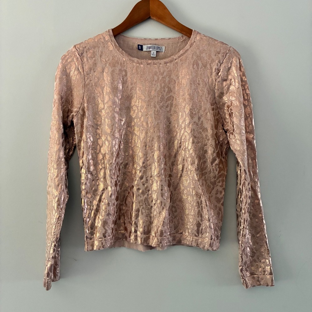 Jennifer Lopez Sweater M Rose Gold Metallic Leopard Print Glam Party Chic Y2K